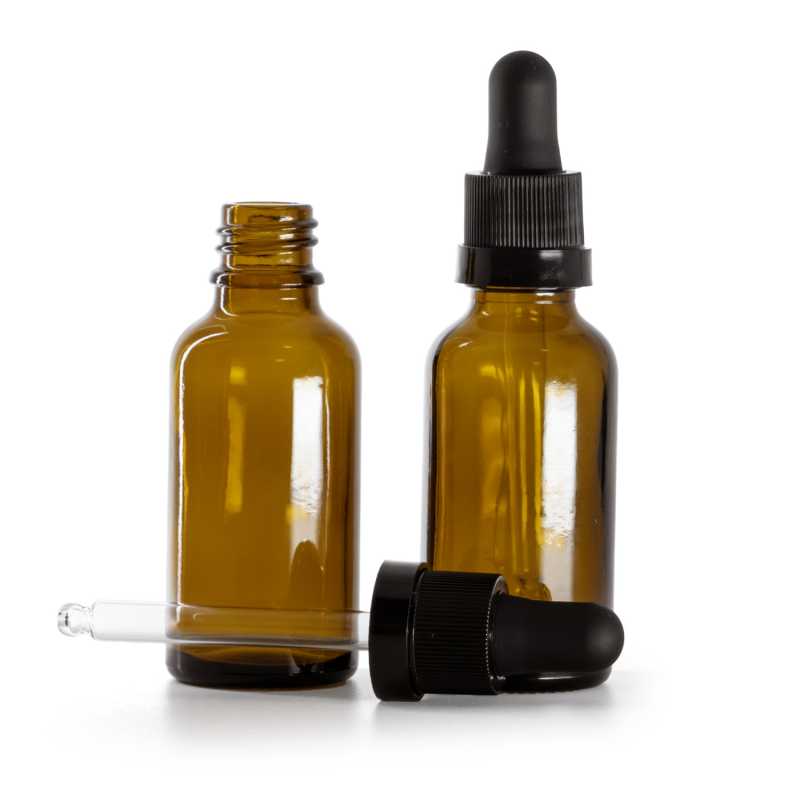 Flacon en verre ambré, compte-gouttes noir mat avec bande brillante, 30 ml
