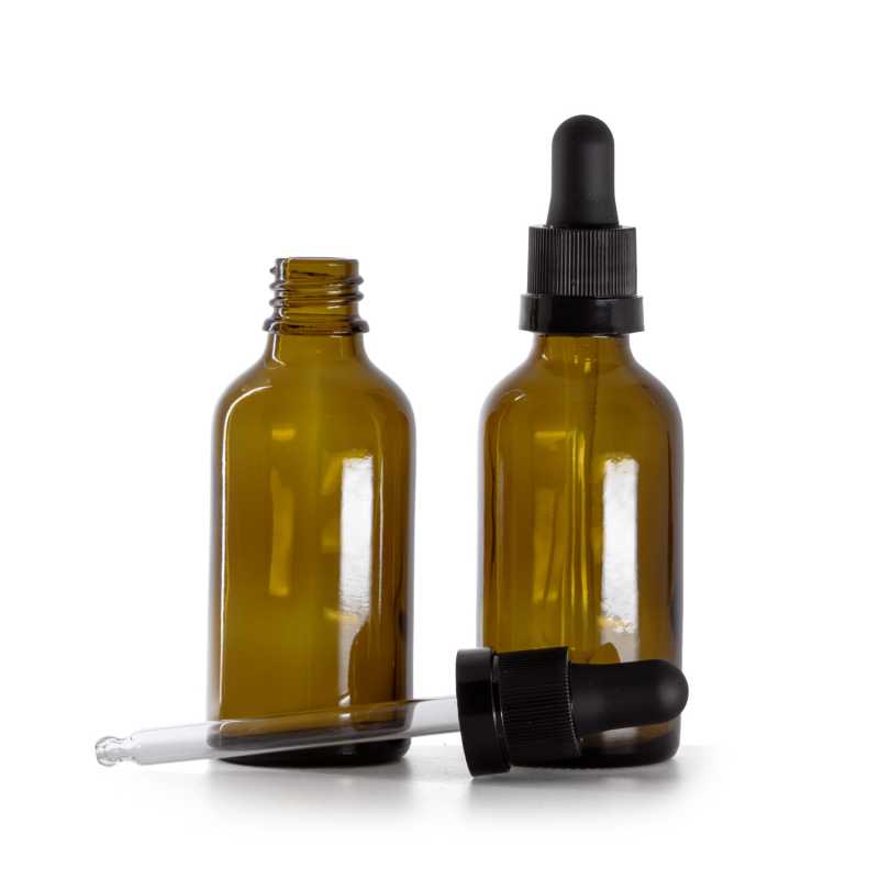 Bouteille en verre ambré, compte-gouttes noir mat avec bande brillante, 50 ml