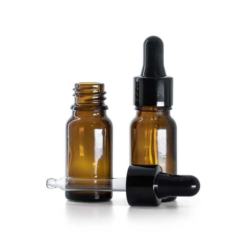 Flacon en verre ambré, compte-gouttes noir brillant, 10 ml