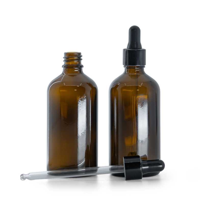 Bouteille en verre ambré, compte-gouttes noir brillant, 100 ml