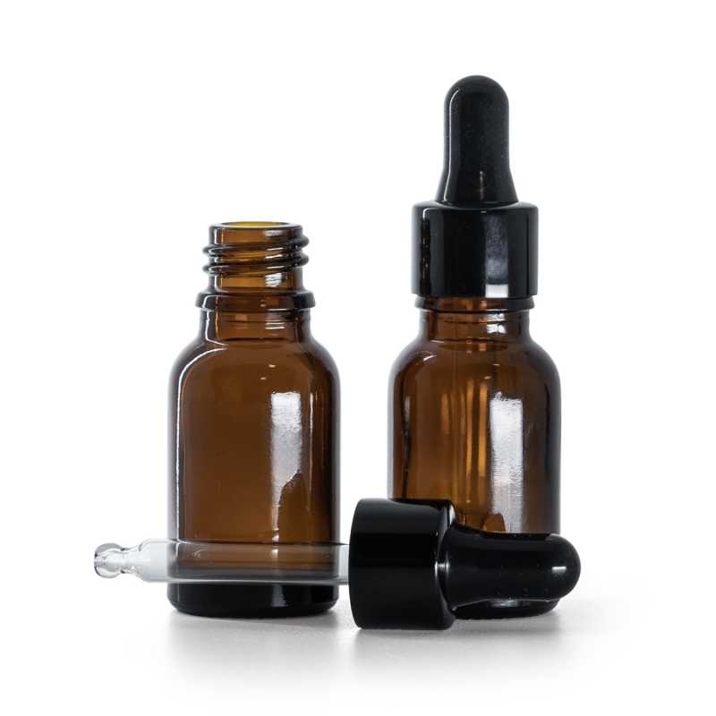Flacon en verre ambré, compte-gouttes noir brillant, 15 ml