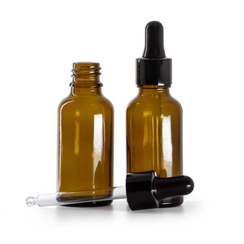 Bouteille en verre ambré, compte-gouttes noir brillant, 30 ml