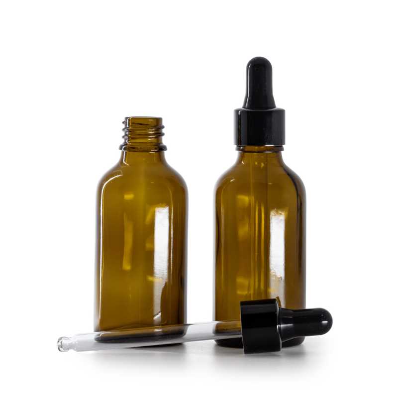 Bouteille en verre ambré, compte-gouttes noir brillant, 50 ml