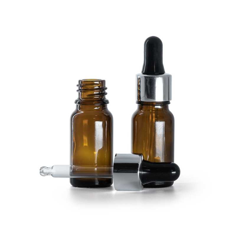 Flacon en verre ambré, compte-gouttes noir argenté brillant, 10 ml