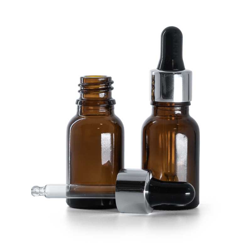 Flacon en verre ambré, compte-gouttes noir argenté brillant, 15 ml
