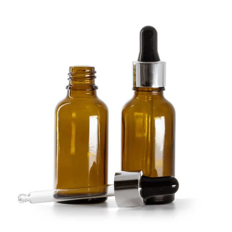 Bouteille en verre ambré, compte-gouttes noir argenté brillant, 30 ml