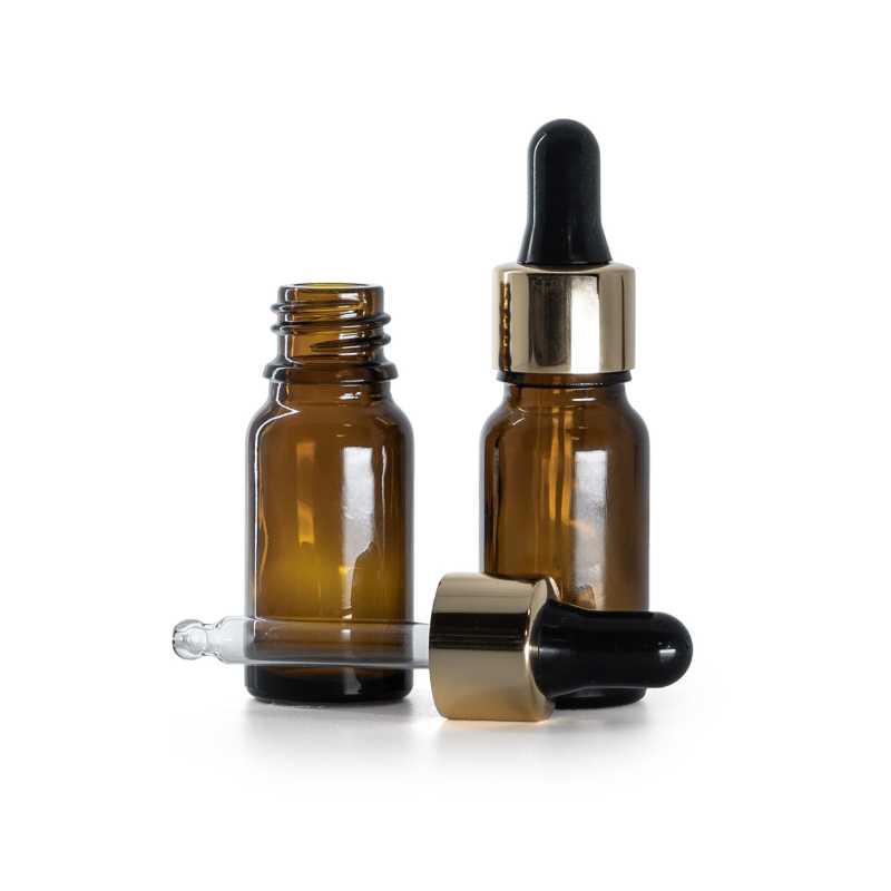Flacon en verre ambré, compte-gouttes noir doré, 10 ml