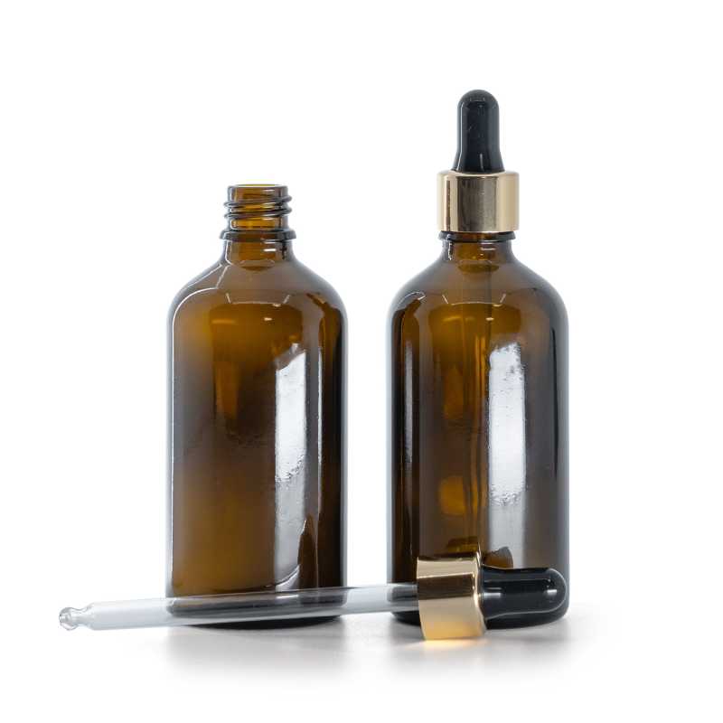 Bouteille en verre ambré, compte-gouttes noir doré, 100 ml