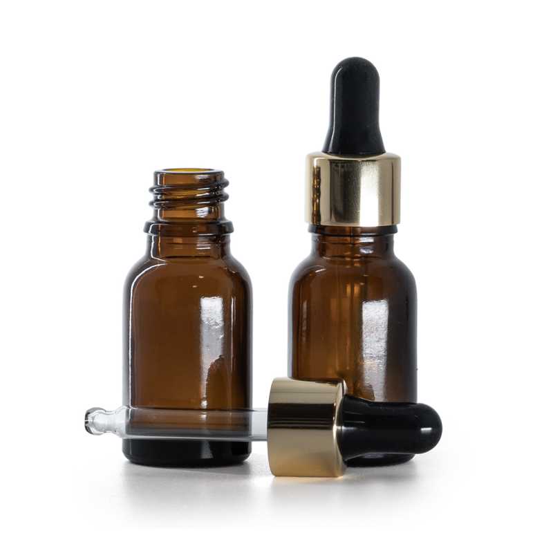 Flacon en verre ambré, compte-gouttes noir doré, 15 ml