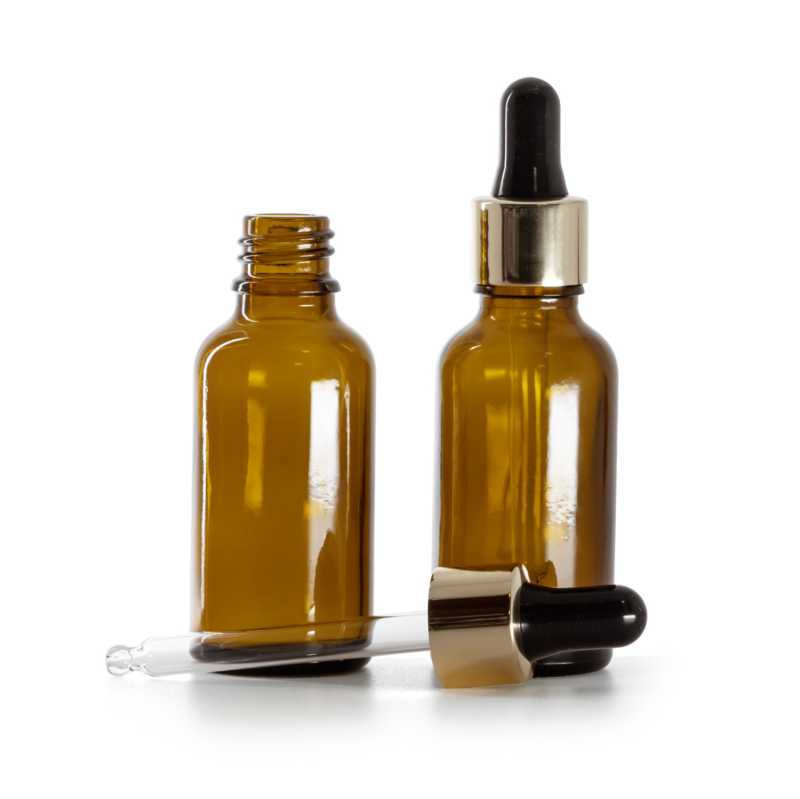 Bouteille en verre ambré, compte-gouttes noir doré, 30 ml