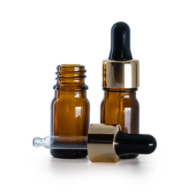 Flacon en verre ambré, compte-gouttes noir doré, 5 ml