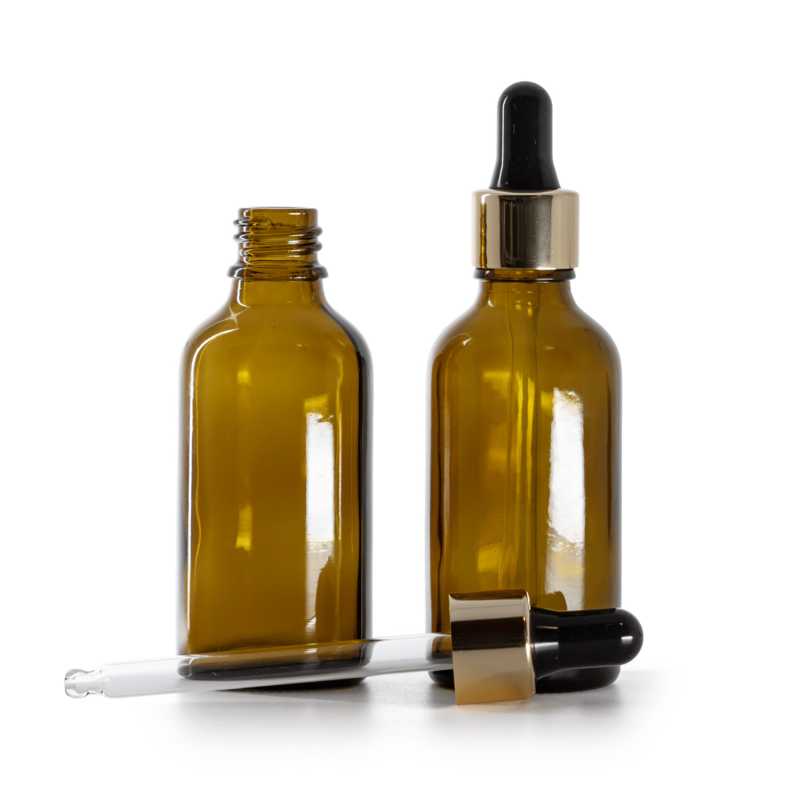 Bouteille en verre ambré, compte-gouttes noir doré, 50 ml