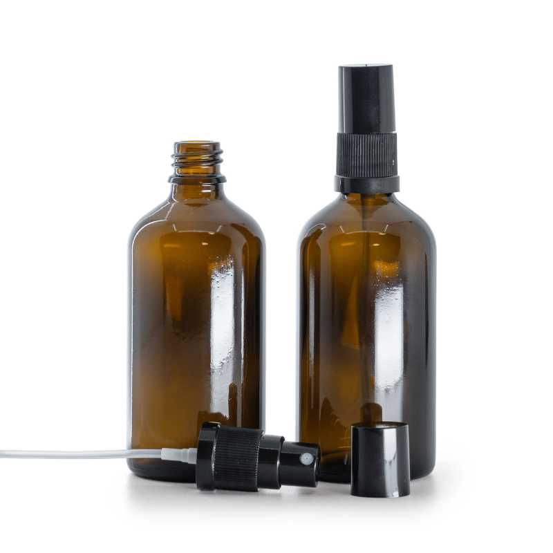 Bouteille en verre ambré, vaporisateur noir, bouchon noir, 100 ml