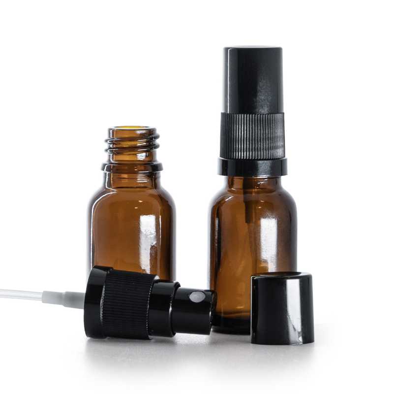 Flacon en verre ambré, vaporisateur noir, bouchon noir, 15 ml