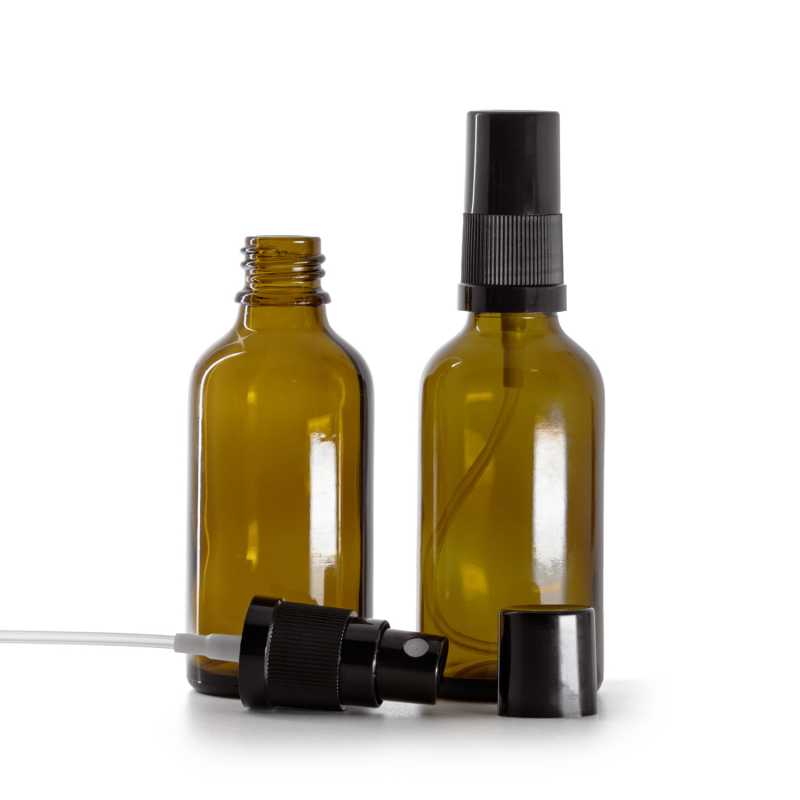Bouteille en verre ambré, vaporisateur noir, bouchon noir, 50 ml