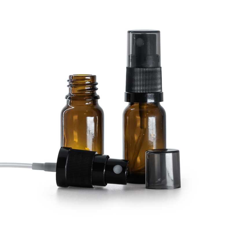 Flacon en verre brun, spray brume fine noir, surcapuchon fumé, 10 ml