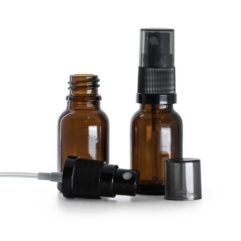 Flacon en verre brun, spray brume fine noir avec surcapuchon fumé, 15 ml