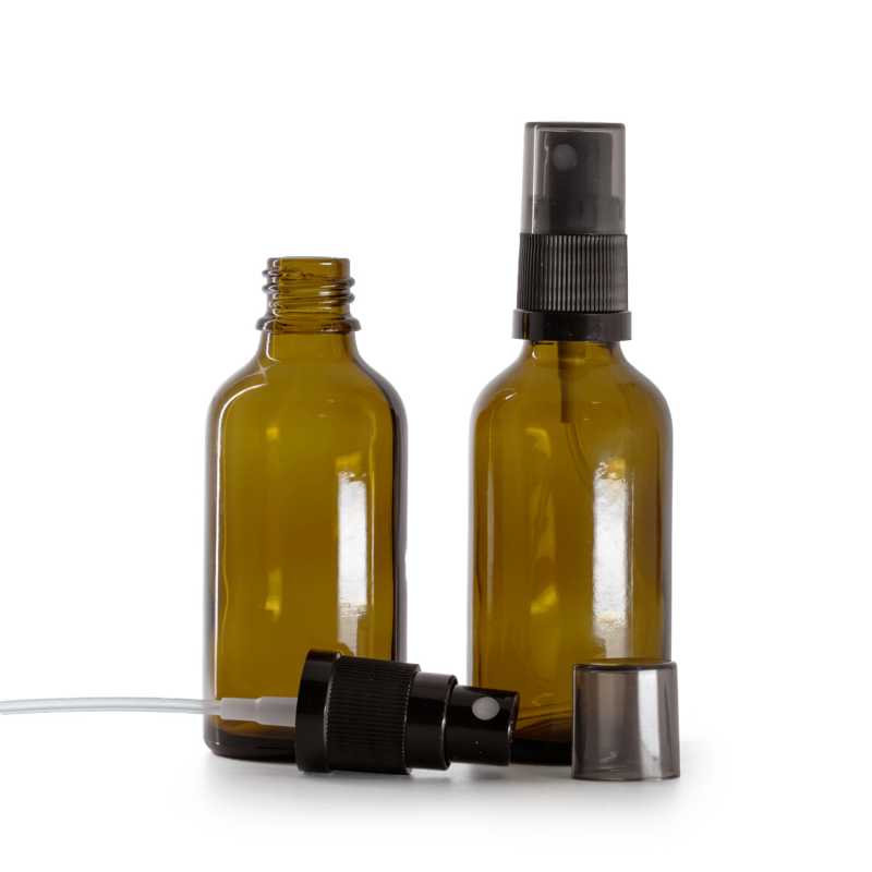 Flacon en verre brun, spray brume fine noir avec surcapuchon fumé, 50 ml