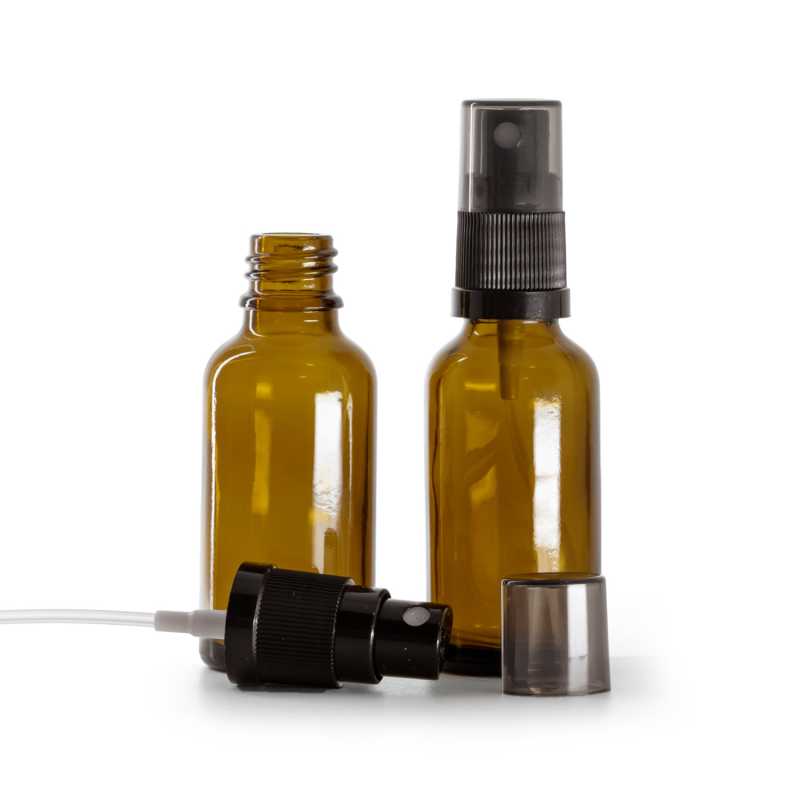 Bouteille en verre ambré, vaporisateur noir, bouchon fumé, 30 ml
