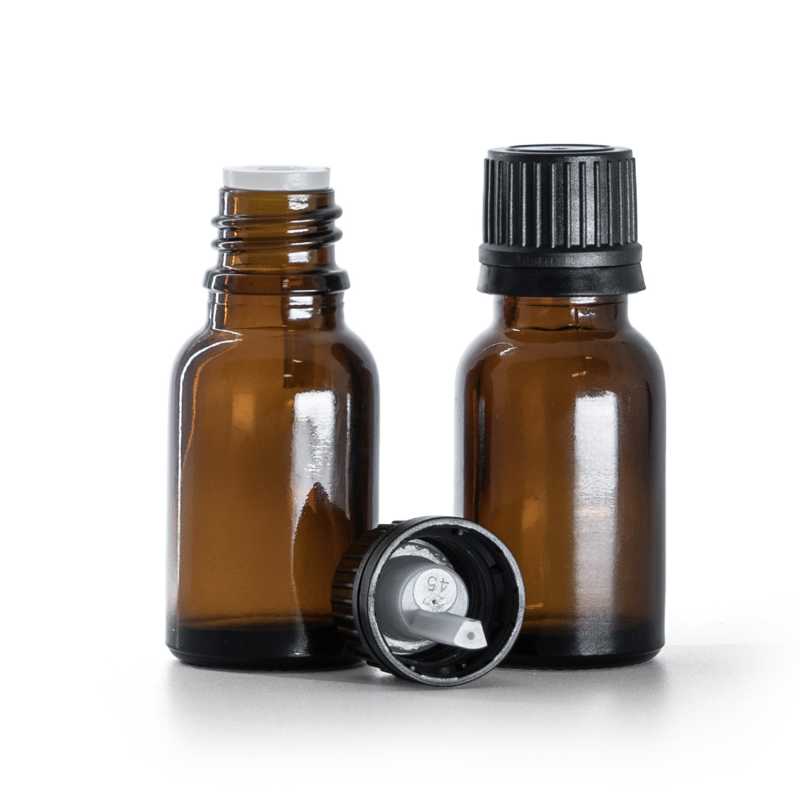 Flacon en verre ambré, bouchon noir et compte-gouttes 15 ml