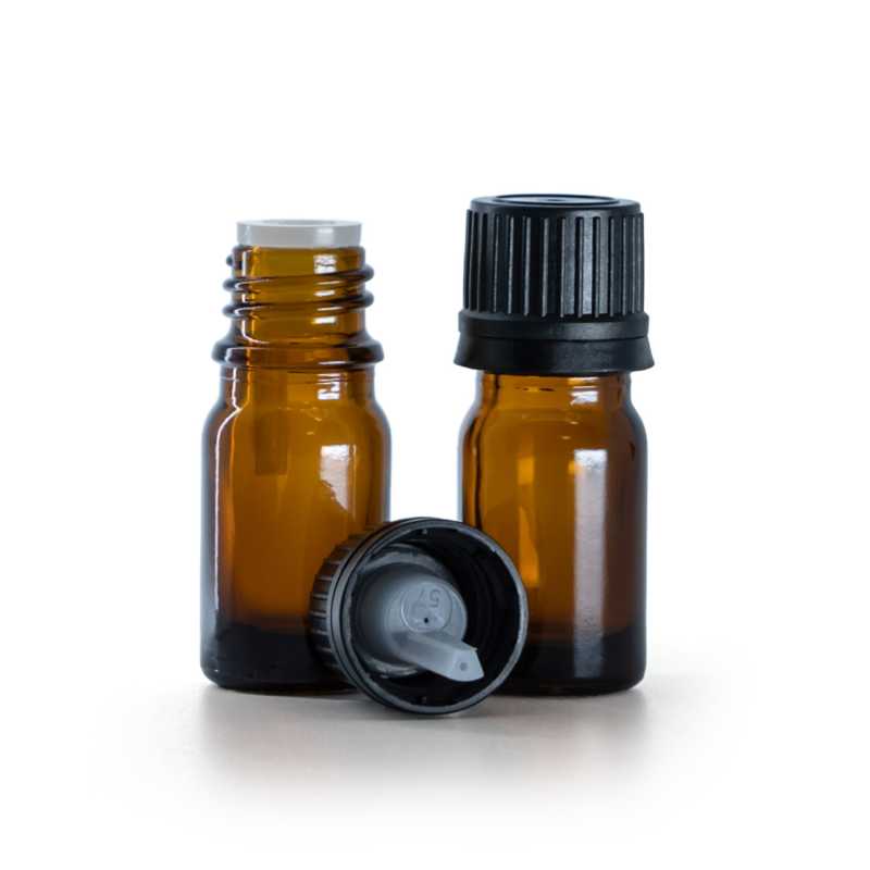 Flacon en verre ambré, bouchon noir et compte-gouttes, 5 ml