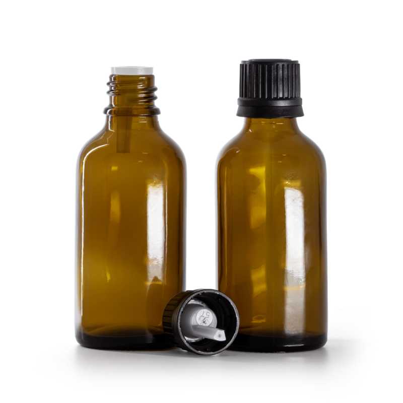 Bouteille en verre ambré, bouchon noir et compte-gouttes 50 ml