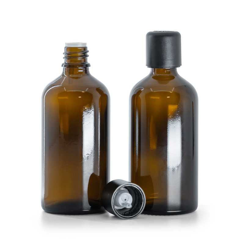 Flacon en verre ambré, bouchon de sécurité noir inviolable et compte-gouttes 100 ml