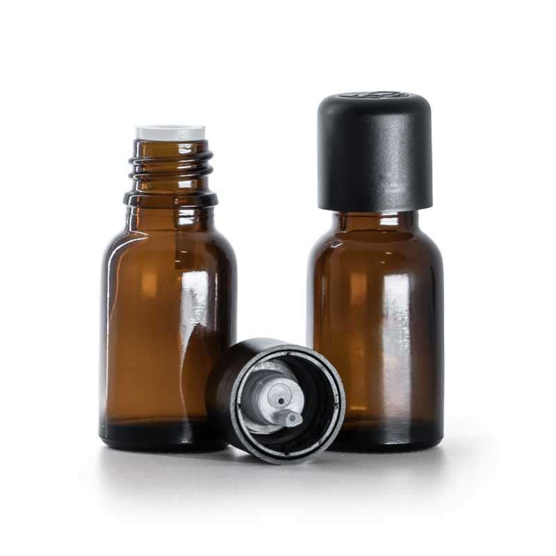 Flacon en verre ambré, bouchon de sécurité noir à témoin d'intégrité et compte-gouttes 15 ml