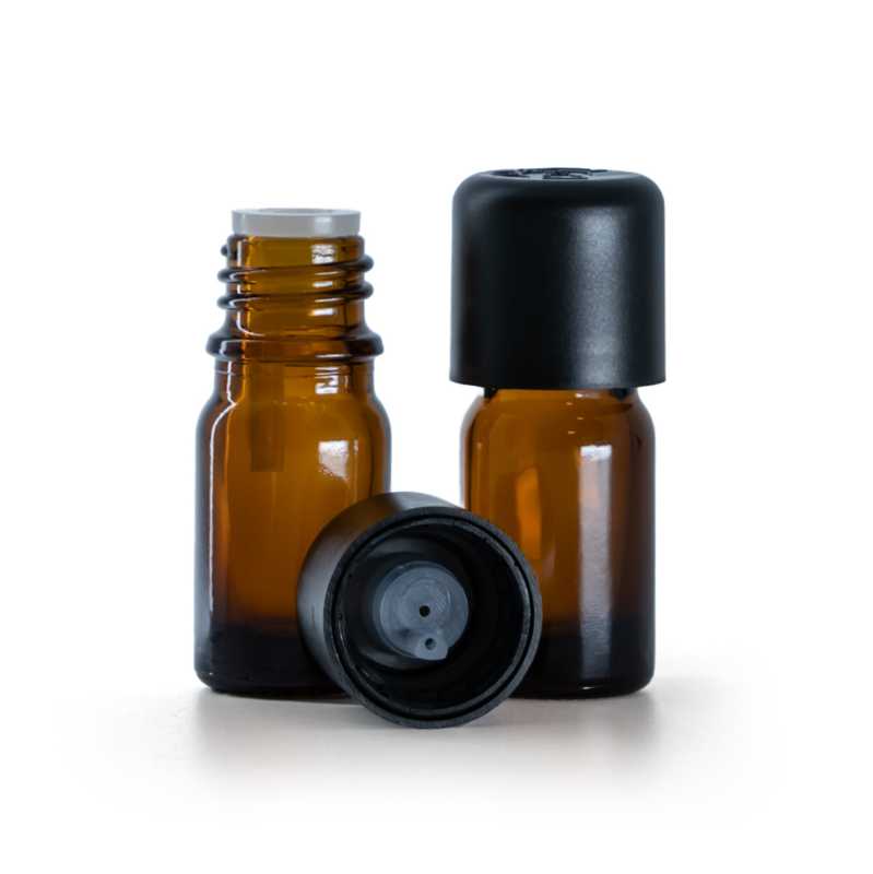 Flacon en verre ambré, bouchon de sécurité noir à témoin d'intégrité et compte-gouttes 5 ml