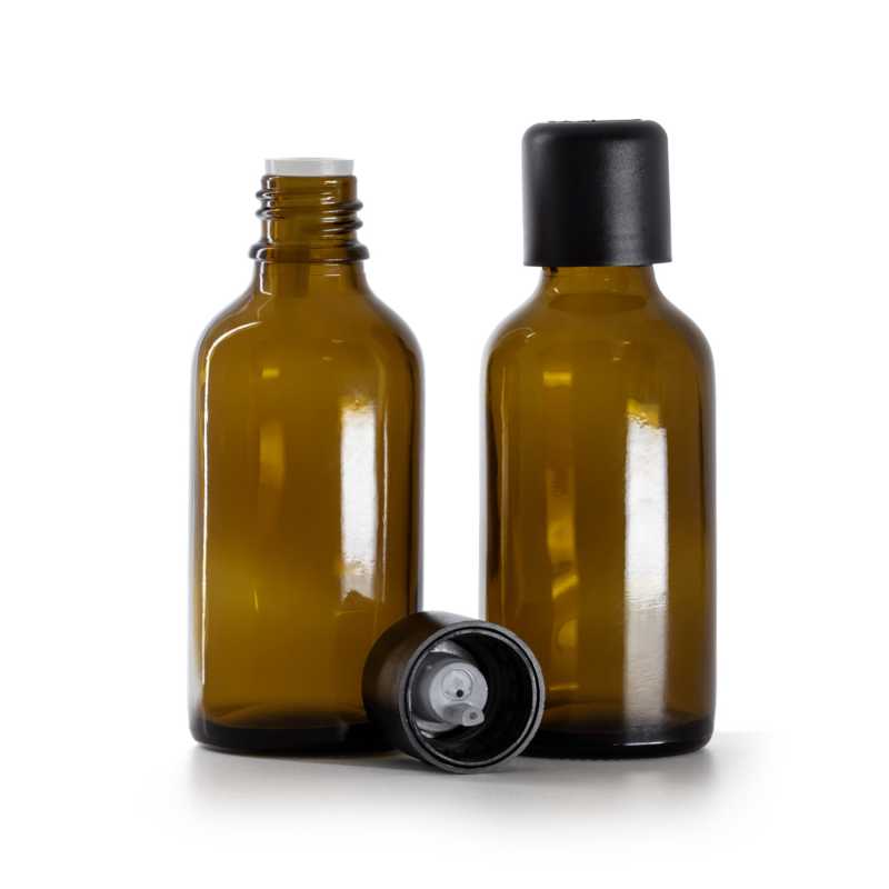 Flacon en verre ambré, bouchon de sécurité noir à témoin d'intégrité et compte-gouttes 50 ml