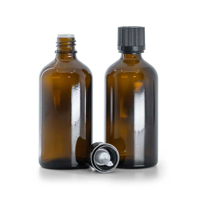 Flacon en verre ambré, bouchon de sécurité noir et compte-gouttes 100 ml
