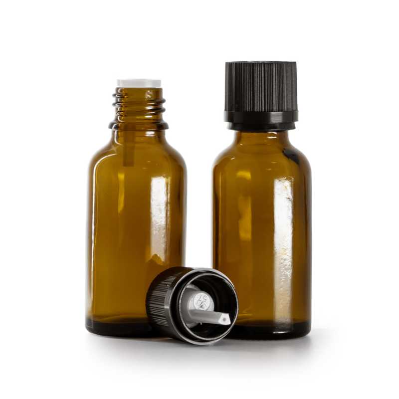 Flacon en verre ambré, bouchon de sécurité noir et compte-gouttes 30 ml