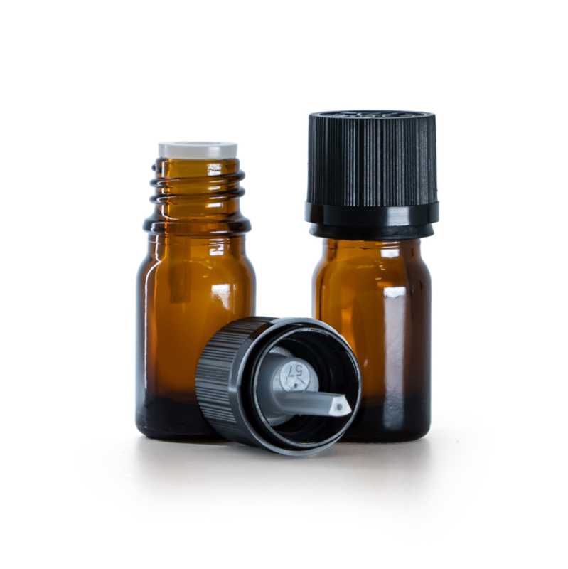 Flacon en verre ambré, bouchon de sécurité noir et compte-gouttes 5 ml