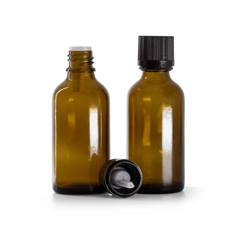 Flacon en verre ambré, bouchon de sécurité noir et compte-gouttes 50 ml