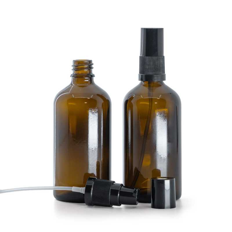 Bouteille en verre ambré, pompe à lotion noire avec bouchon noir, 100 ml