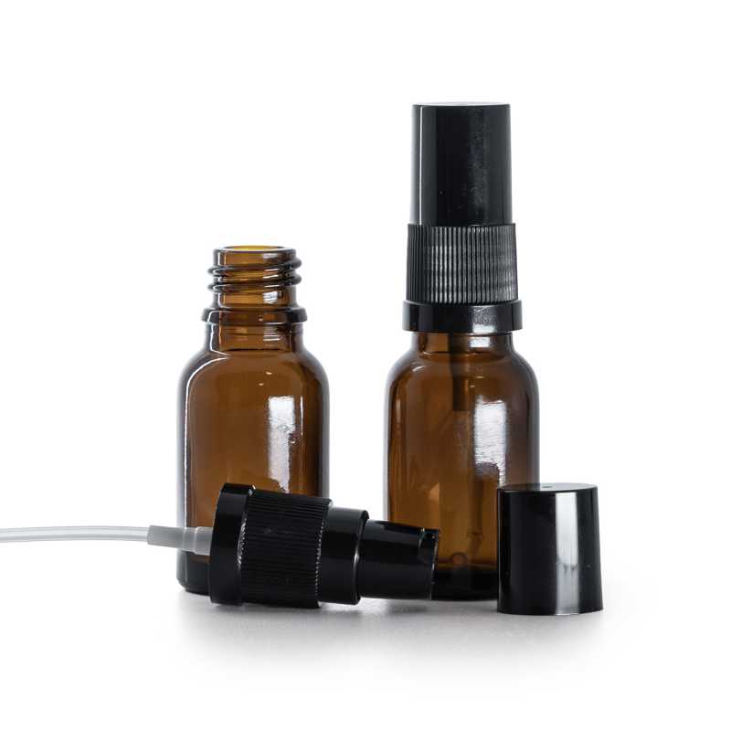 Flacon en verre ambré, pompe à lotion noire avec bouchon noir, 15 ml