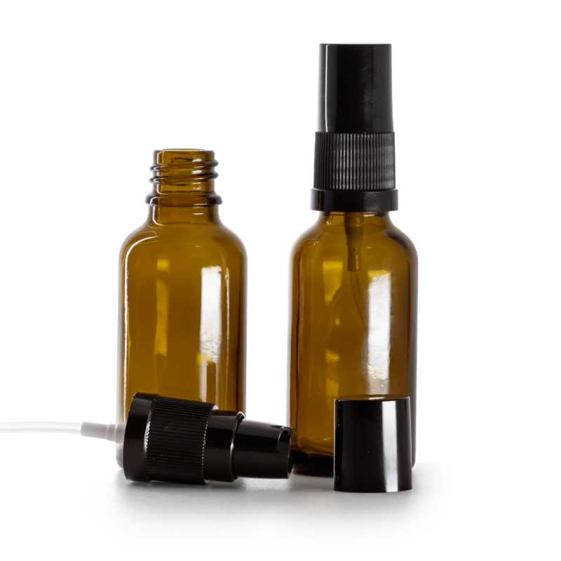 Flacon en verre ambré, pompe à lotion noire avec bouchon noir, 30 ml