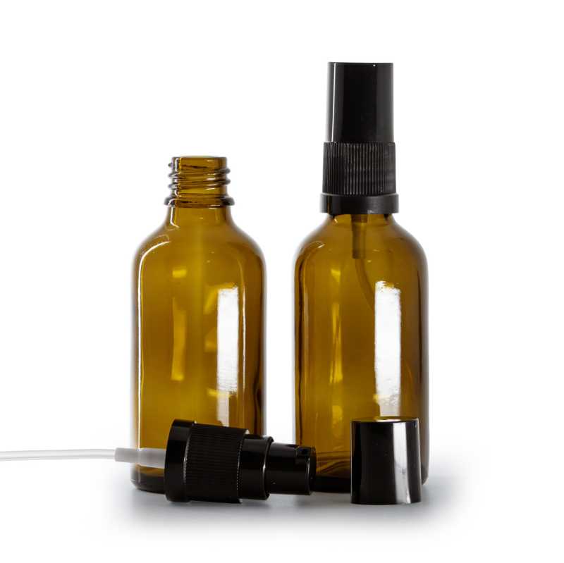 Flacon en verre ambré, pompe à lotion noire avec bouchon noir, 50 ml