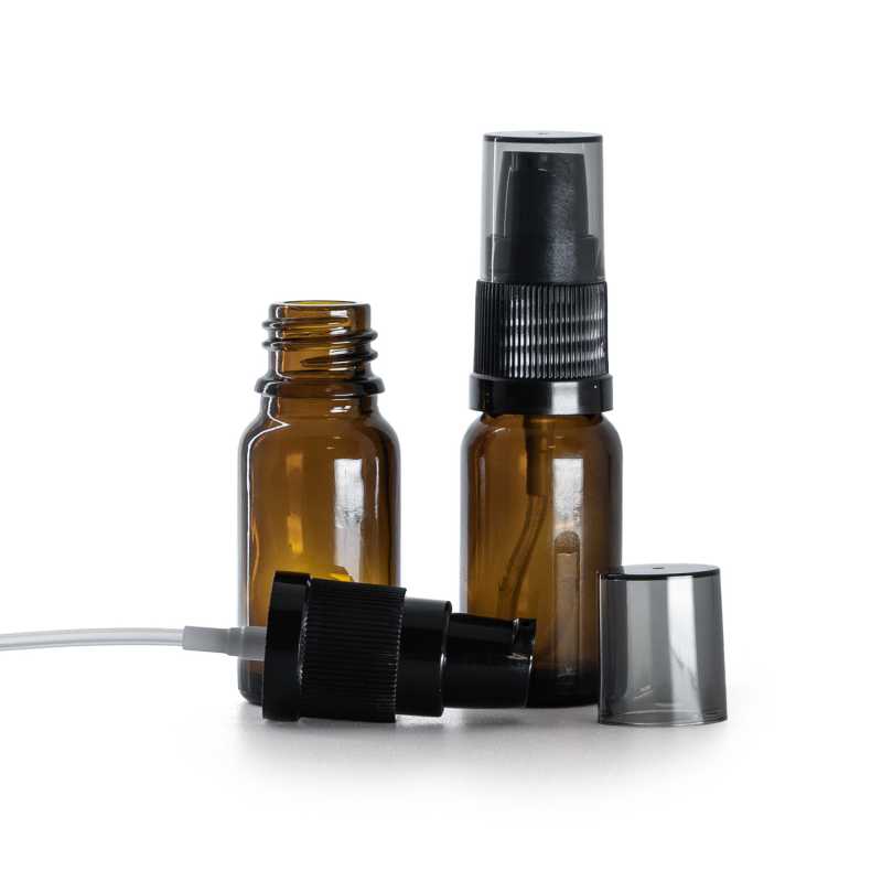 Flacon en verre ambré, pompe à lotion noire avec bouchon fumé, 10 ml