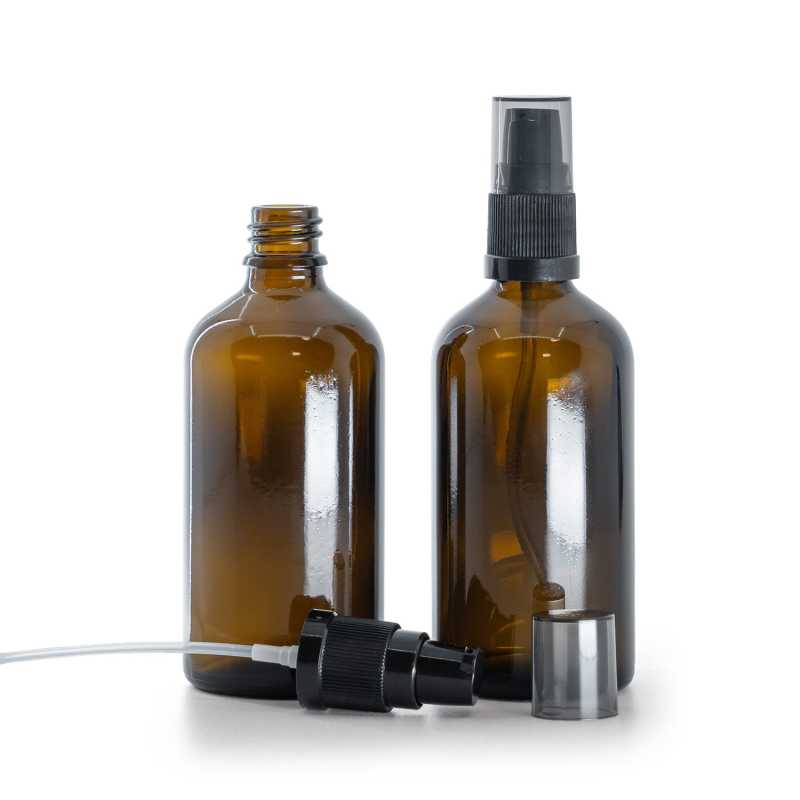 Bouteille en verre ambré, pompe à lotion noire avec bouchon fumé, 100 ml