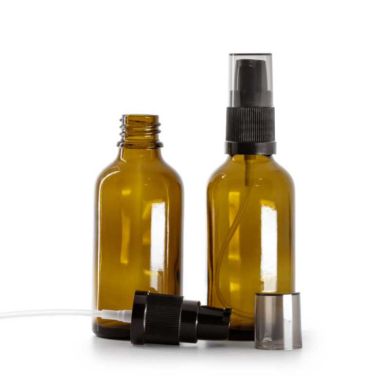 Bouteille en verre ambré, pompe à lotion noire avec bouchon fumé, 50 ml