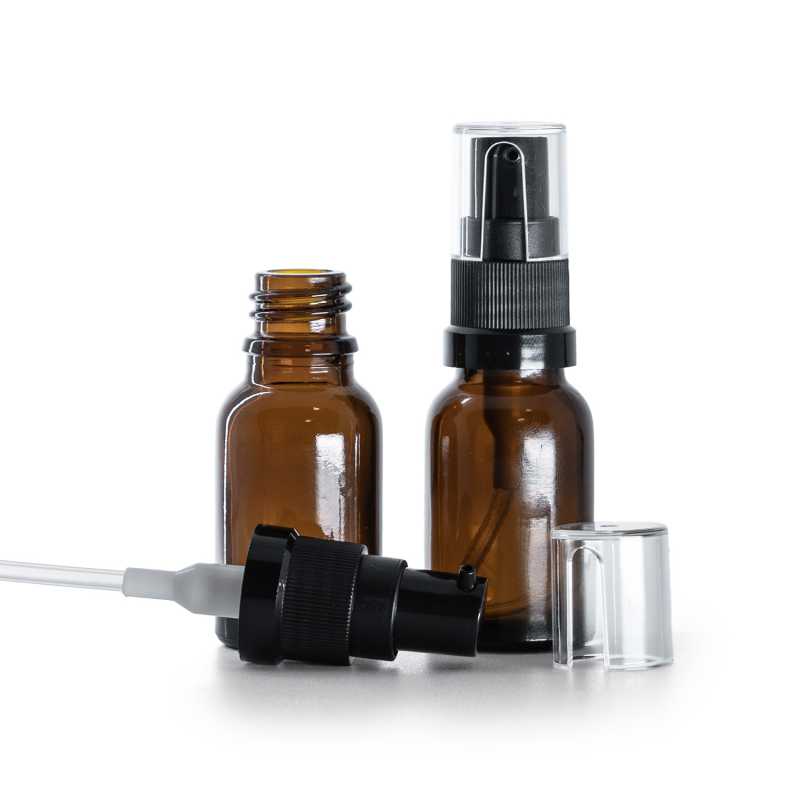 Bouteille en verre ambré, pompe à huile, 15 ml