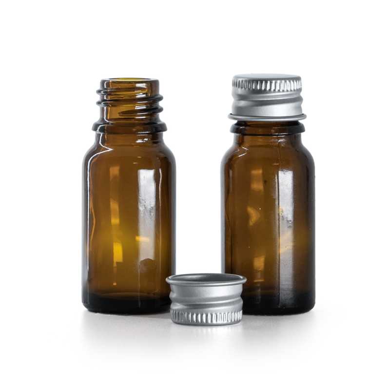 Flacon en verre ambré, bouchon en aluminium argenté, 10 ml