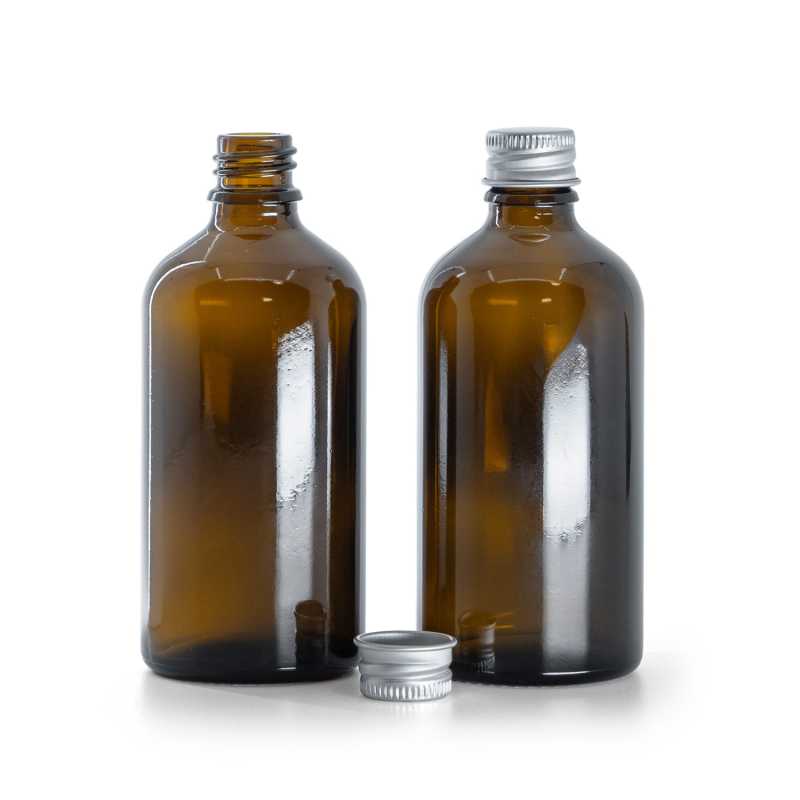 Bouteille en verre ambré, bouchon en aluminium argenté, 100 ml