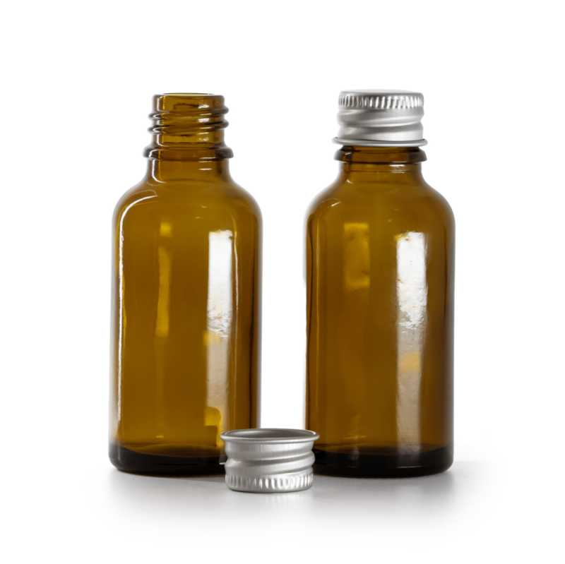 Bouteille en verre ambré, bouchon en aluminium argenté, 30 ml