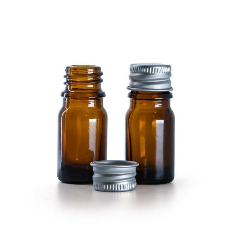 Flacon en verre ambré, bouchon en aluminium argenté, 5 ml