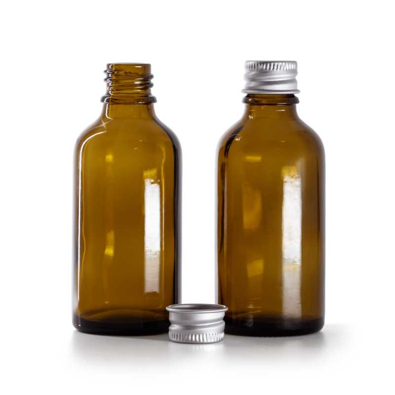 Bouteille en verre ambré, bouchon en aluminium argenté, 50 ml