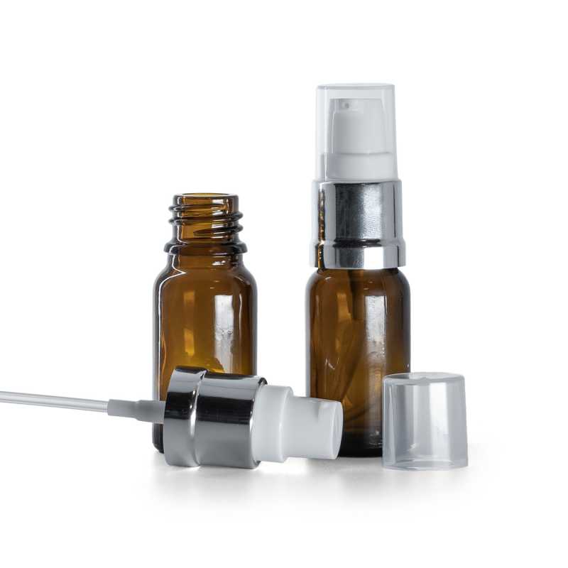 Flacon en verre d'Ambre, pompe en argent brillant blanc, 10 ml