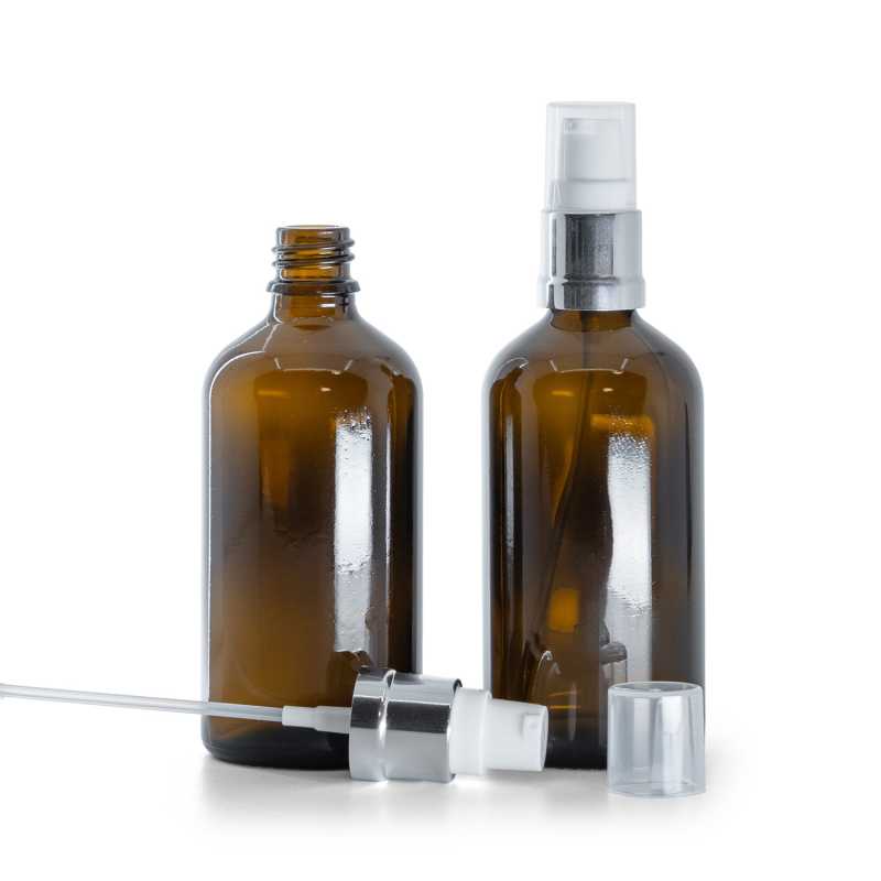 Flacon en verre d'Ambre, pompe en argent brillant blanc, 100 ml