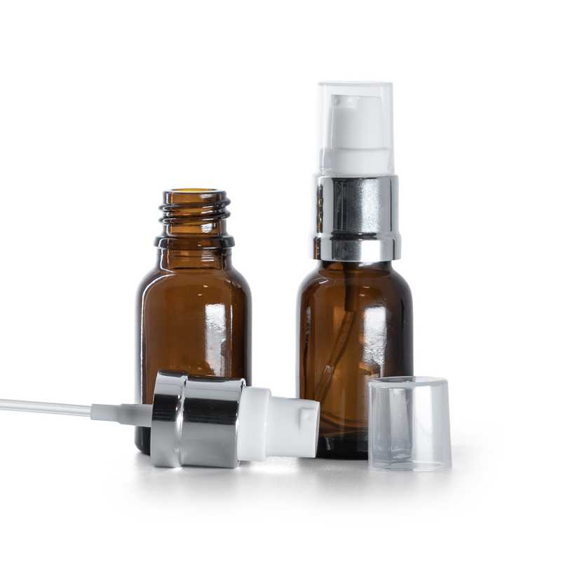 Flacon en verre d'Ambre, pompe en argent brillant blanc, 15 ml